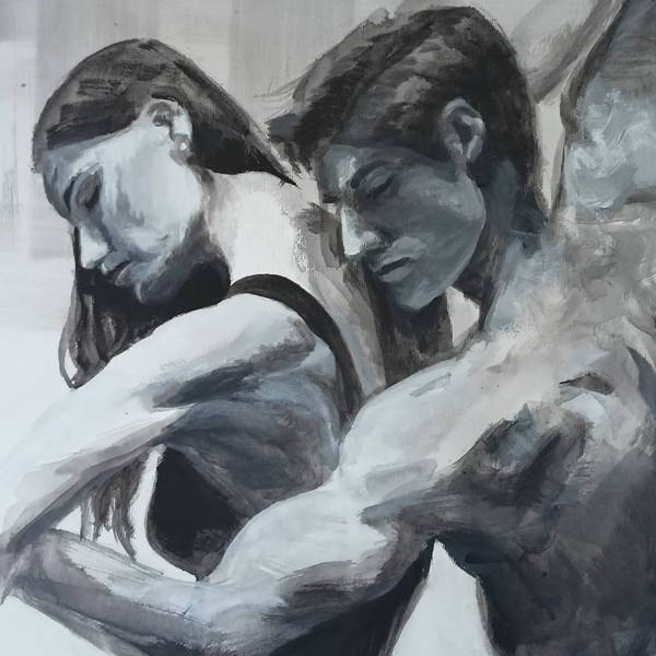 Zdjęcie obrazu akrylowego gdzie dwoje ludzi (kobieta i mężczyzna) obejmują się w artystycznej pozie. Obraz wykonany w czerni i bieli.